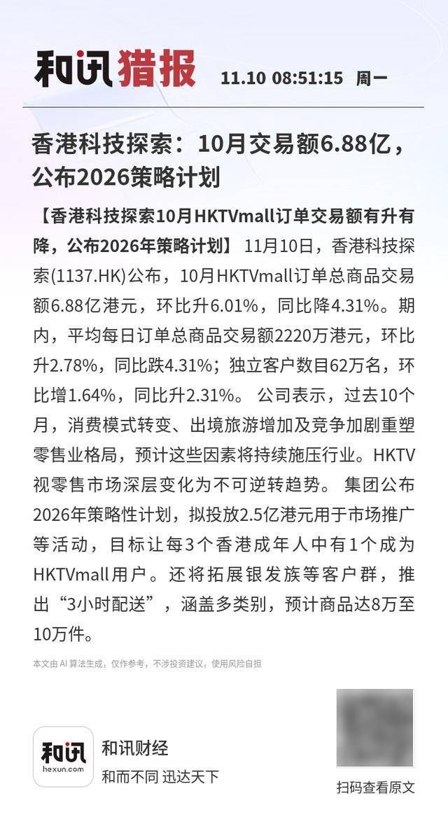 香港科技探索：10月交易额6.88亿，公布2026策略计划