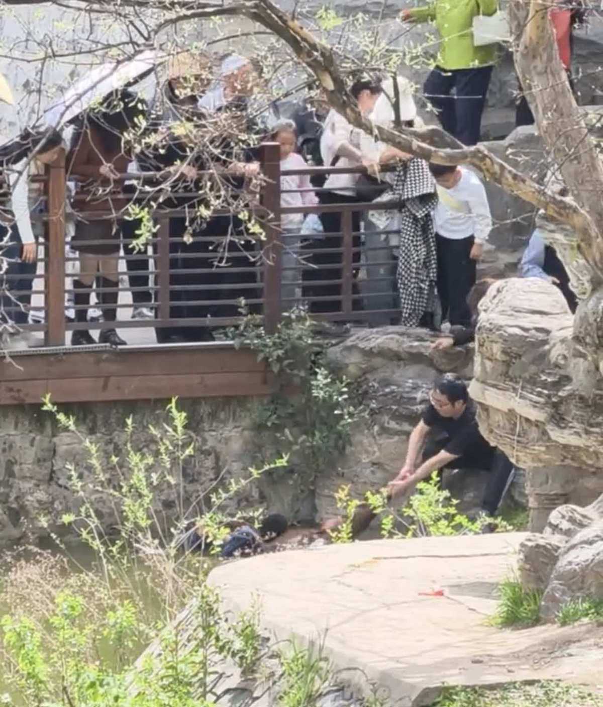 西安一公园小男孩落水,女子下水施救紧紧抱住孩子,游客用衣服将两人拉到岸边,园方回应